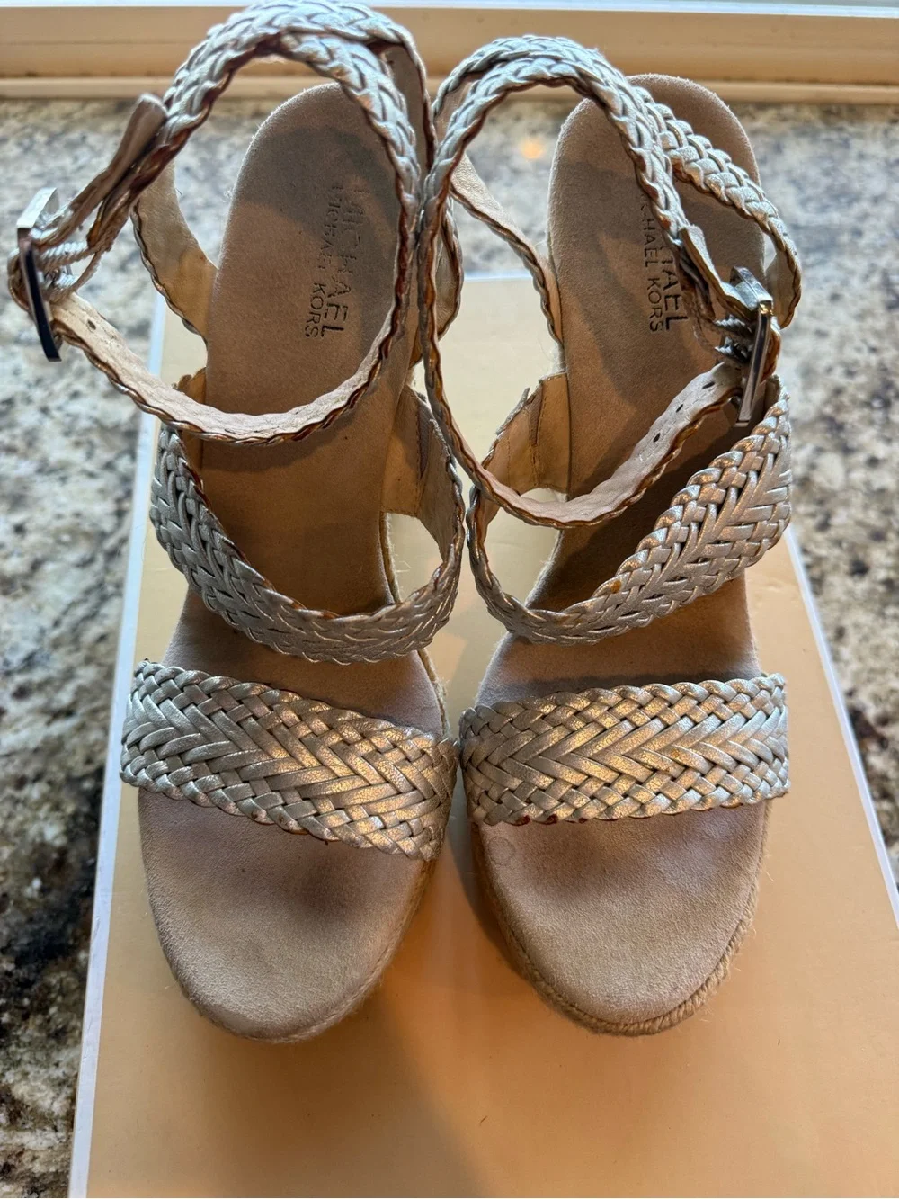 Michael Kors Metallic Silver Braided Espadrille Wedge Sandals